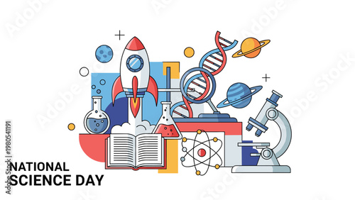National science day composition with rocket launch, DNA strand, planets, microscope, and various scientific books.
