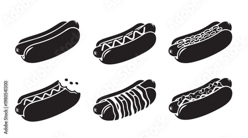 Six diverse hot dog illustrations in a minimalist black and white graphic style