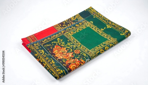 Folded textiles display contrasting colors and floral designs on a clean white background. Rich greens, reds, and yellows dominate the palette