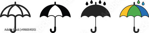 Four umbrella icons in black and white and color with rain drops protection weather