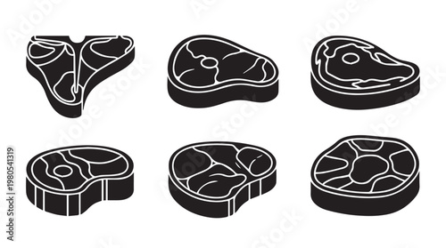 Six diverse raw steak cuts in a clean graphic style