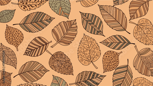 Beautiful seamless pattern of hand-drawn autumn leaves with various textures and line work on a warm beige background.