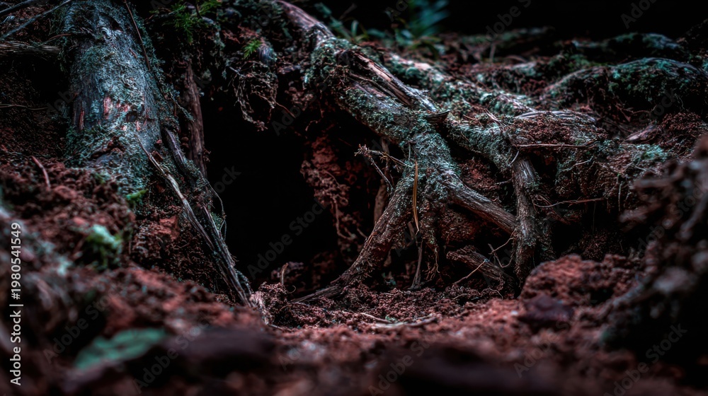 Fototapeta premium Intricate Woven Tree Roots Forming a Dark Hidden Entrance in Forest Ground