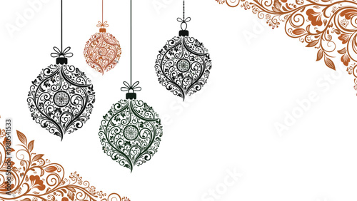 Elegant Christmas greeting card background with hanging ornamental baubles and decorative floral corner patterns.
