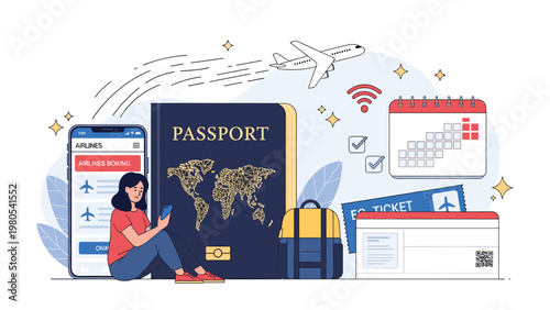 Travel planning concept shows a woman booking flights on her phone with a passport and calendar in the background.