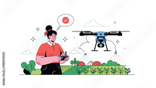 Modern agriculture technology features a female farmer controlling a drone to spray crops in a large field.