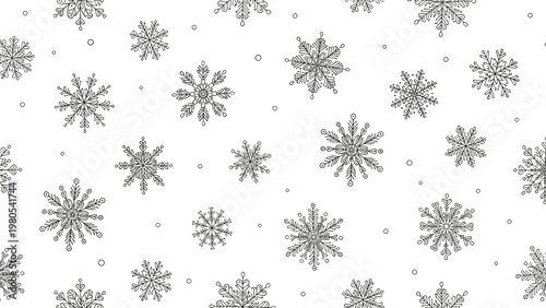 Simple and clean seamless pattern featuring various hand-drawn black snowflake designs on a plain white background.