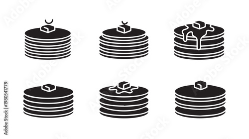 Stack of pancakes with melting butter and syrup icons in a clean vector illustration