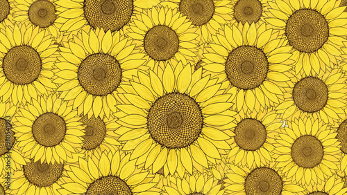 Vibrant seamless pattern of dense overlapping sunflowers with bright yellow petals and textured brown centers.