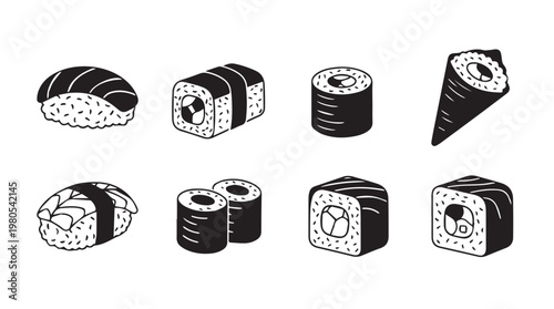 Various sushi and maki rolls in a clean hand-drawn illustration style