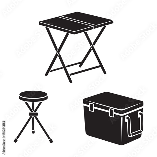 Outdoor camping furniture icons with table stool cooler