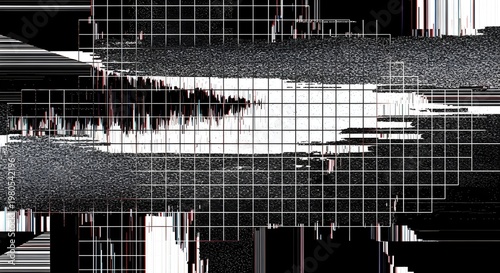 Digital abstract art with intense glitch effects and visual distortions. Featuring grid patterns, static noise, and rough brushstrokes in sharp, futuristic black-and-white contrasts.
