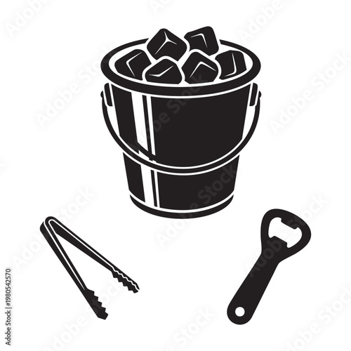 Party ice bucket icons with metal tongs and bottle opener