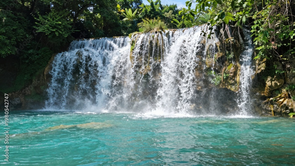 Fototapeta premium Waterfall cascading into turquoise pool in tropical river