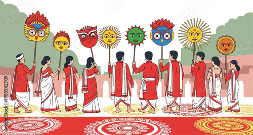 A vibrant procession of people in traditional white and red attire holding colorful, decorative fans and paddles during a cultural or religious festival.
