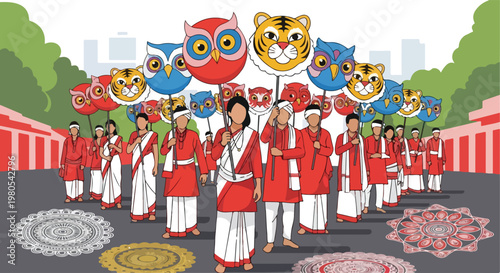 People in traditional attire holding owl and tiger placards during a cultural procession.