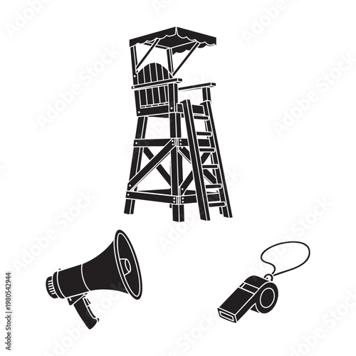 Lifeguard station icons with chair megaphone and whistle