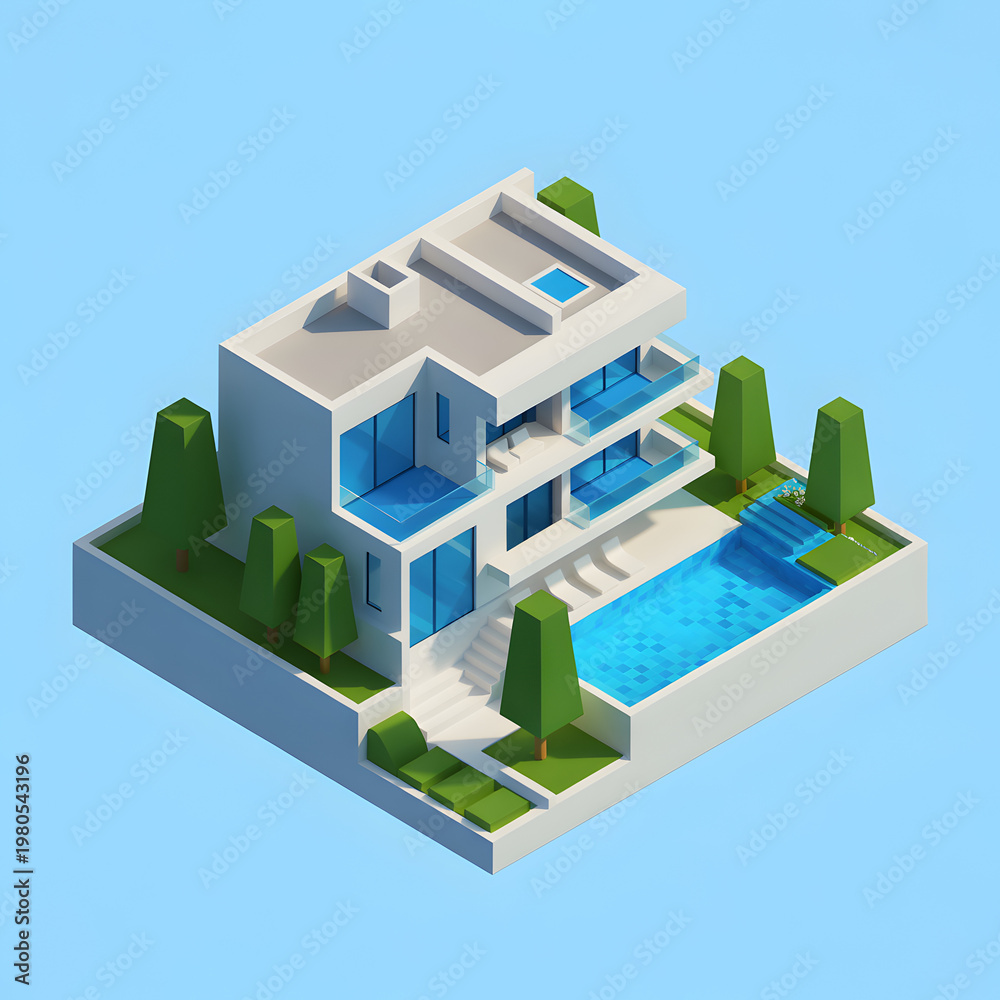 Fototapeta premium A modern 3D isometric rendering of a luxurious house with a swimming pool and garden