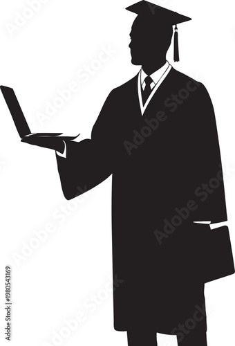 Graduate in cap and gown holding a laptop with black and white formal wear graduation education