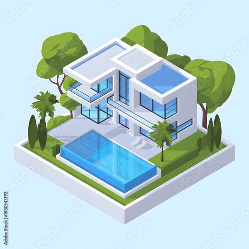 A modern white house with a swimming pool and trees in a serene landscape