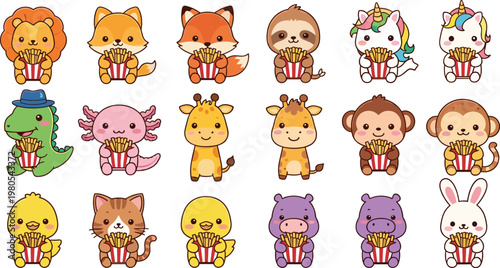 Cute animal characters eating popcorn collection with lion, fox, sloth, unicorn, giraffe and more, adorable cartoon vector set for kids isolated on white background