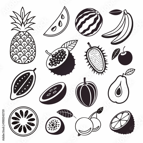 Tropical and Exotic Fruit Icon Set, Black and White Vector Illustrations of Pineapple, Watermelon, Banana and Mixed Fruits