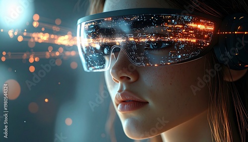 Woman Experiencing Virtual Reality with Futuristic Goggles and Digital Overlay.