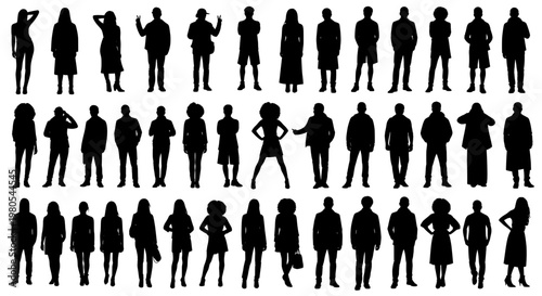 Vector silhouettes man and women, illustration. Silhouettes of young people posing in casual clothes. Transparent background SVG version.