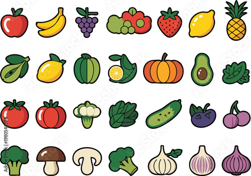 Fresh Fruits and Vegetables Vector Icon Set
