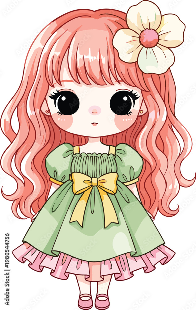 pink hair green dress Photography Poster Cute doll girl character with and dress, adorable chibi style ca famous celebrities with pink hair