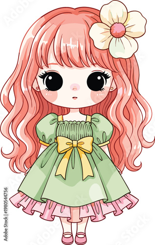 Photos Cute doll girl character with pink hair and green dress, adorable chibi style ca