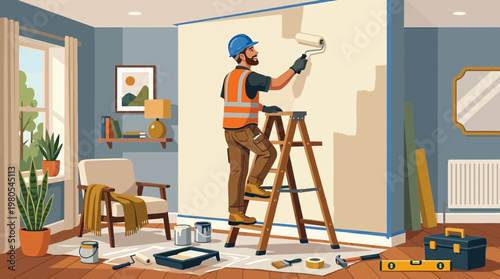 Professional Painter Using Roller on Ladder to Paint Interior Wall