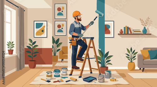 Professional Painter Decorating Living Room Wall with Roller