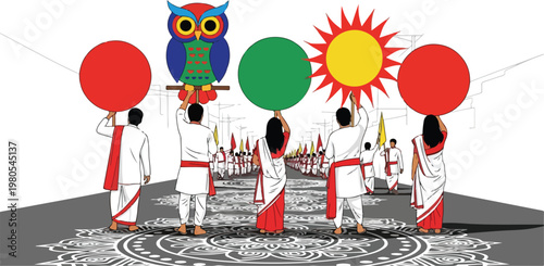 A vibrant illustration depicting a cultural procession with participants in traditional white and red attire holding symbolic objects like an owl, sun, and colorful circles on a patterned path.