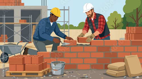 Construction Workers Building a Red Brick Wall at a Work Site