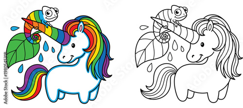 Playful Unicorn and Chameleon with Rainbow Horn Whimsical Illustration