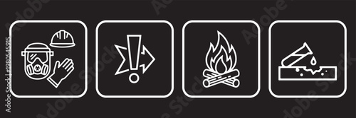 Construction safety instruction icons vector set, PPE, caution, fire and hazard symbols, workplace safety guidelines collection, minimal outline design for industrial signage and training use