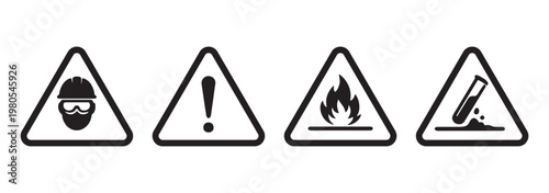 Workplace hazard warning icons vector set, PPE requirement, caution, flammable and slippery surface symbols, triangle safety signs collection, minimal outline design for industrial use. 