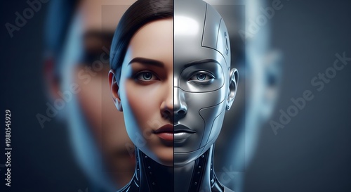 Human and robotic face split in half, futuristic concept.