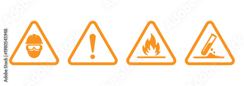 Workplace hazard warning icons vector set, PPE requirement, caution, flammable and slippery surface symbols, triangle safety signs collection, minimal outline design for industrial use. 