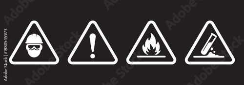 Workplace hazard warning icons vector set, PPE requirement, caution, flammable and slippery surface symbols, triangle safety signs collection, minimal outline design for industrial use. 