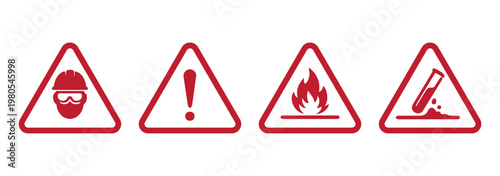 Workplace hazard warning icons vector set, PPE requirement, caution, flammable and slippery surface symbols, triangle safety signs collection, minimal outline design for industrial use. 