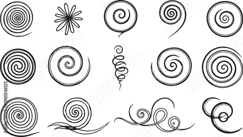 Hand drawn spiral vector set, 14 black ink swirl elements, decorative doodle curls and circular flourishes for graphic design projects isolated PNG with Transparent Background
