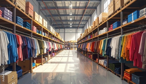 A well-organized warehouse with neatly arranged clothing and boxes