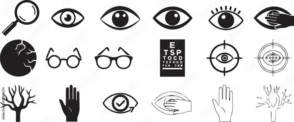 Fototapeta premium Minimalist ophthalmology icon set, 18 black vector elements for eye care and vision health, optometry symbols for medical infographics isolated PNG with Transparent Background