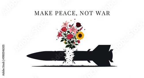 A black missile silhouette broken open with a colorful bouquet of flowers blooming from the center.