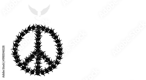 Black peace sign composed of many small origami paper cranes.