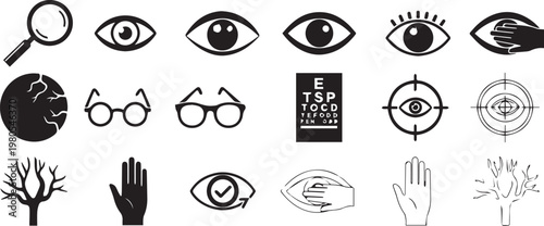 Minimalist ophthalmology icon set, 18 black vector elements for eye care and vision health, optometry symbols for medical infographics isolated PNG with Transparent Background