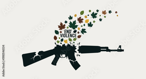 Bild auf Leinwand Conceptual illustration of an assault rifle transforming into colorful autumn leaves with text reading End Violence