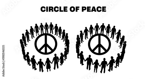 Diverse group of people standing in a circle around a peace symbol.